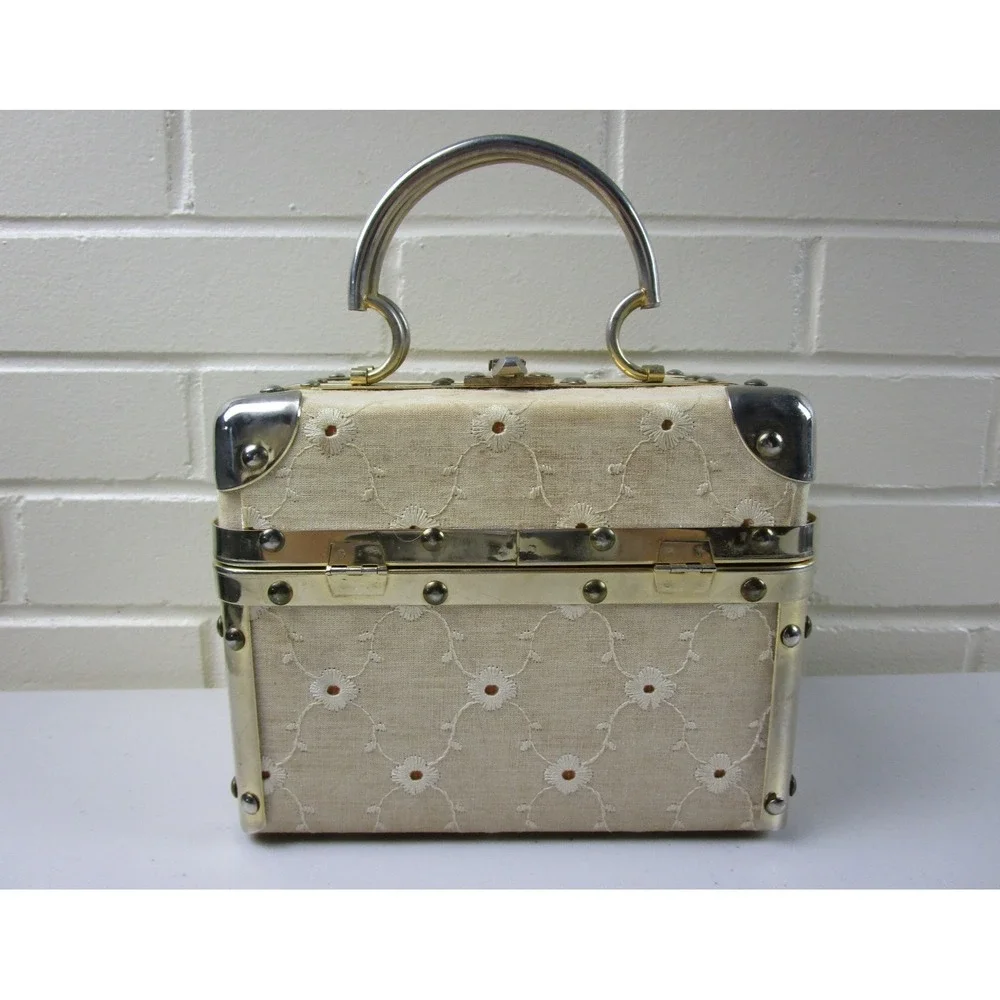 Vintage Fleurette of Miami Split Top Train Case Purse, Italy 1950s Handbag Lined